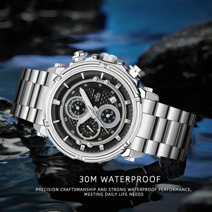 Coral (9607) 6 Hands Chronograph Men's Watch With Date | Stainless Steel | Silver Black - Image 2