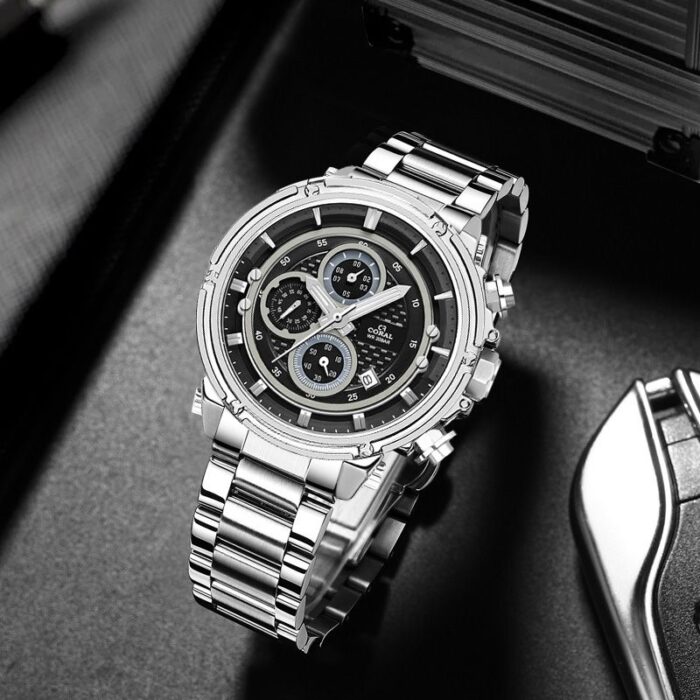 Coral (9607) 6 Hands Chronograph Men's Watch With Date | Stainless Steel | Silver Black - Image 3