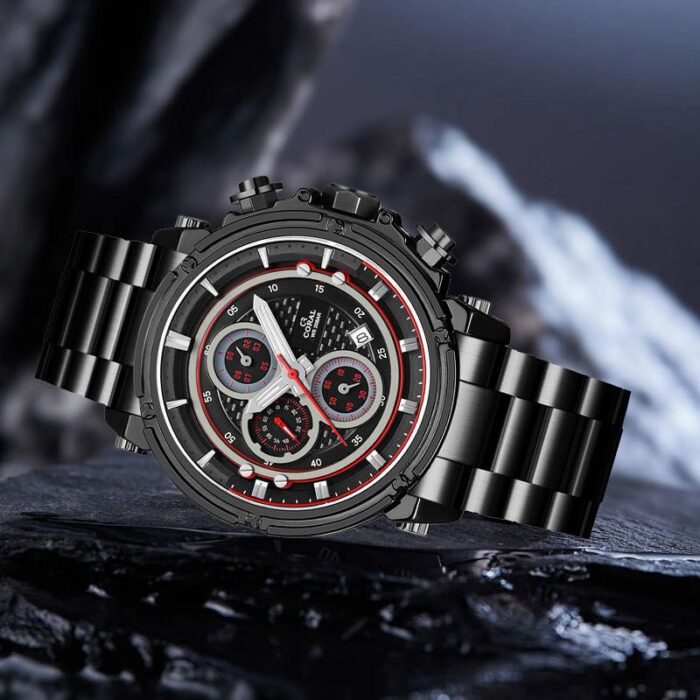 Coral (9607) 6 Hands Chronograph Men's Watch With Date | Stainless Steel | Black Red - Image 2