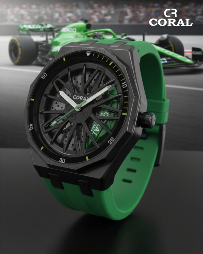 Coral Men's Watch, Wheel Watch, Stainless Steel Case and Rubber Strap, 30M Water Resistant