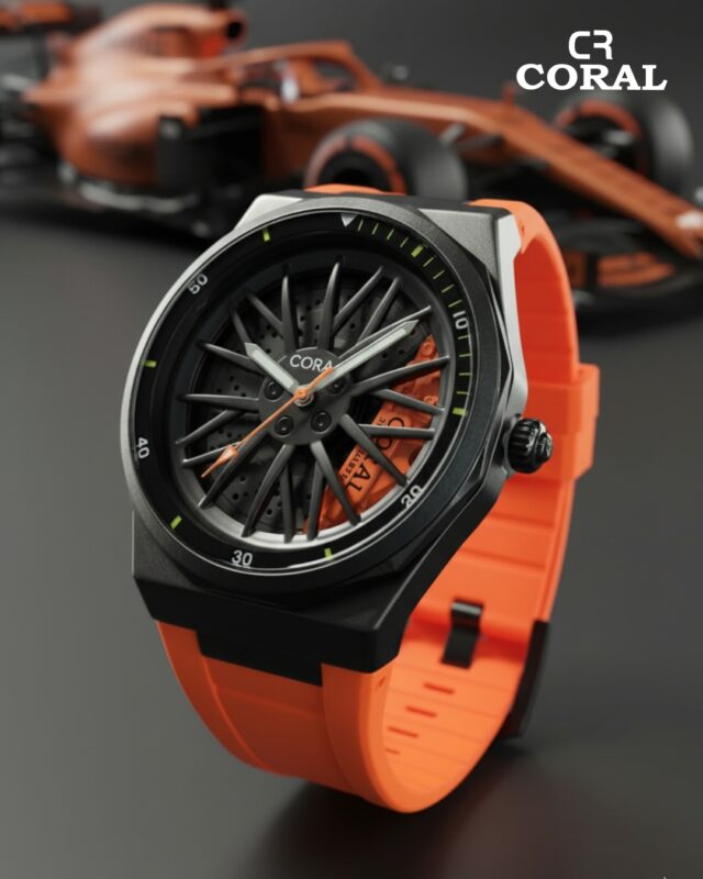 Coral Men's Watch, Wheel Watch, Stainless Steel Case and Rubber Strap, 30M Water Resistant