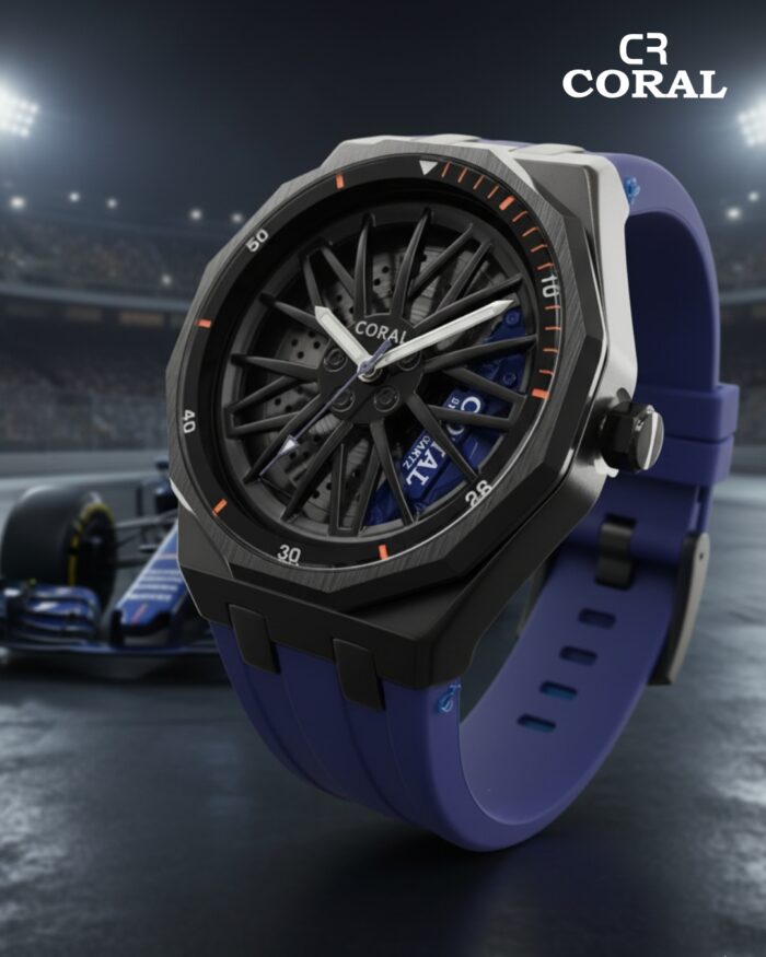 Coral Men's Watch, Wheel Watch, Stainless Steel Case and Rubber Strap, 30M Water Resistant