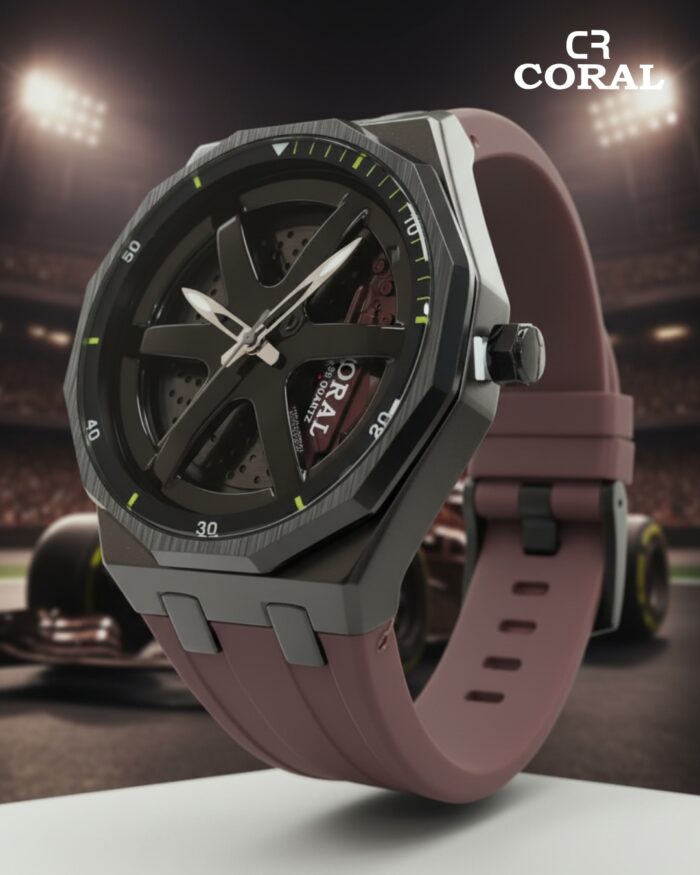 Coral Men's Watch, Wheel Watch, Stainless Steel Case and Rubber Strap, 30M Water Resistant
