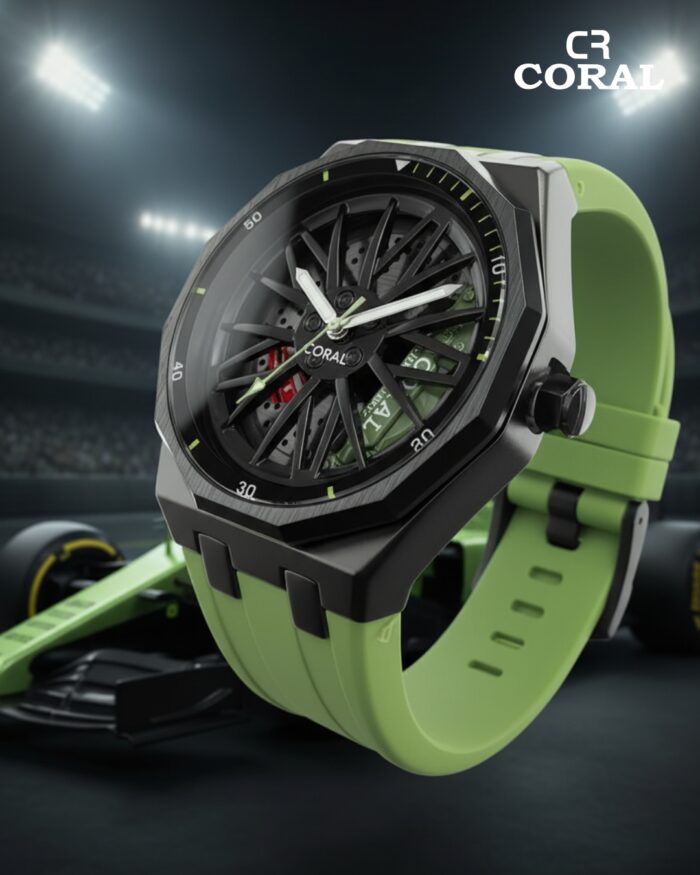 Coral Men's Watch, Wheel Watch, Stainless Steel Case and Rubber Strap, 30M Water Resistant