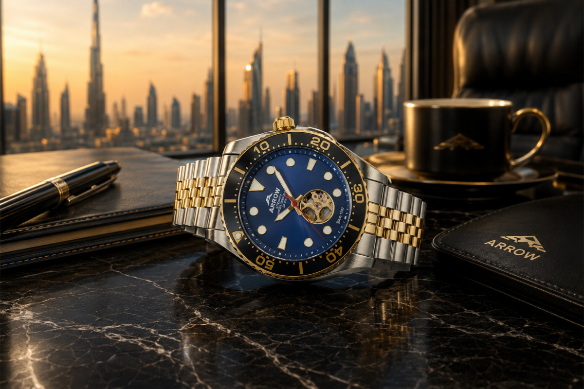 Premium ARROW automatic men's watch on luxury office desk in Dubai