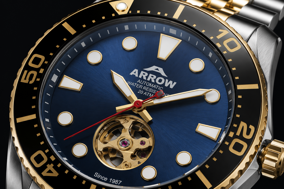 Close-up of ARROW Automatic blue dial and open-heart movement