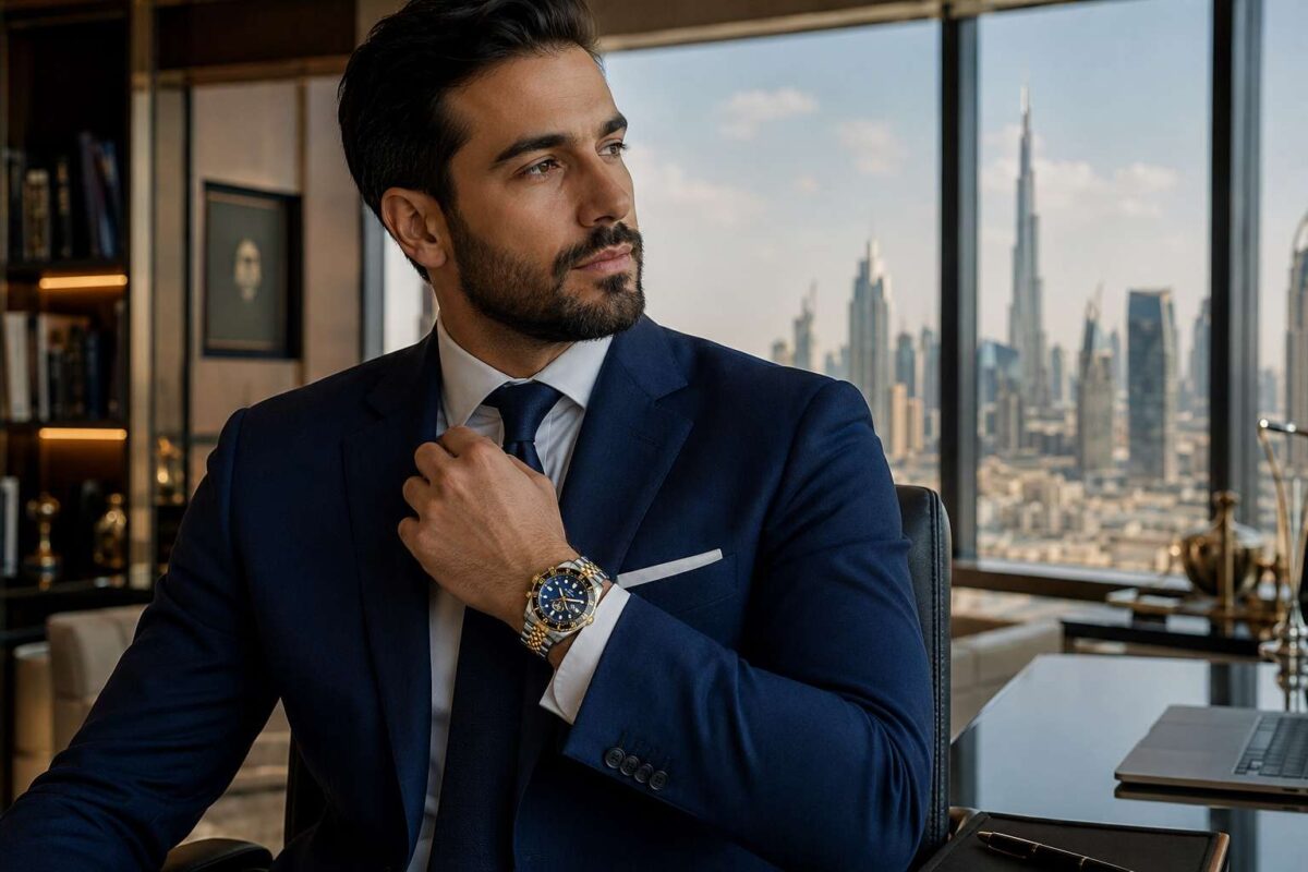 Businessman wearing premium automatic watch in Dubai office