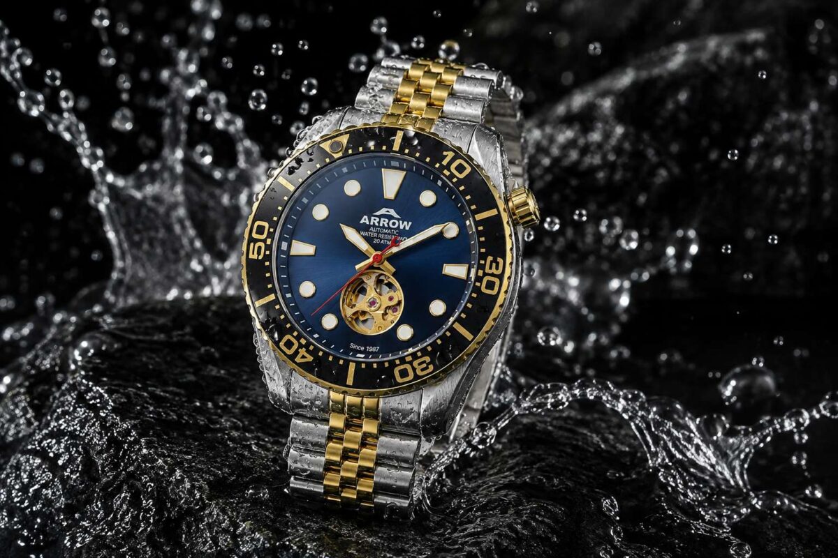 Premium automatic watch with water resistance demonstration