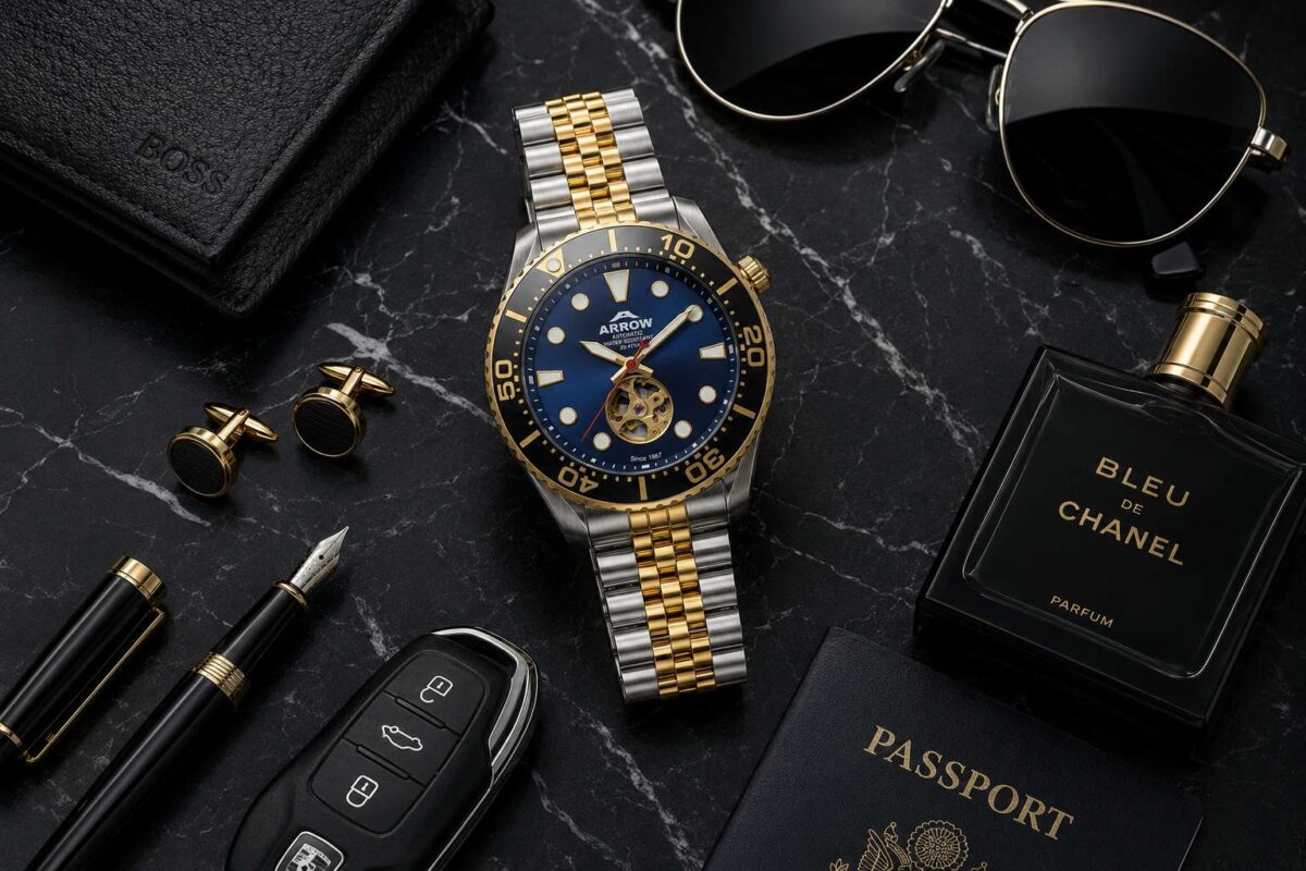 Luxury men's accessories with premium automatic watch